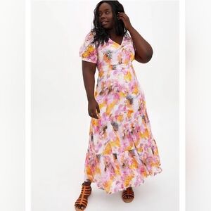 Torrid sz 1 1X Pink tie dye short sleeve lace button front maxi dress NWT